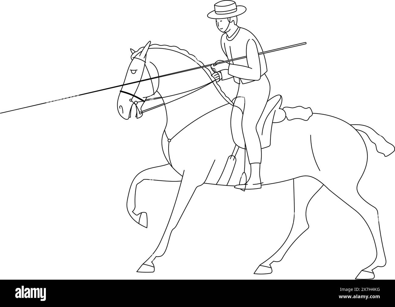 Reiter auf einem Pferd, mit einem Speer in der Hand, arbeitet mit dem Reitsport Stock Vektor