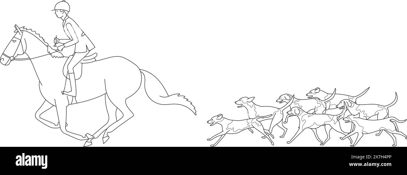 Reiter auf einem Pferd, begleitet von Hunden Stock Vektor