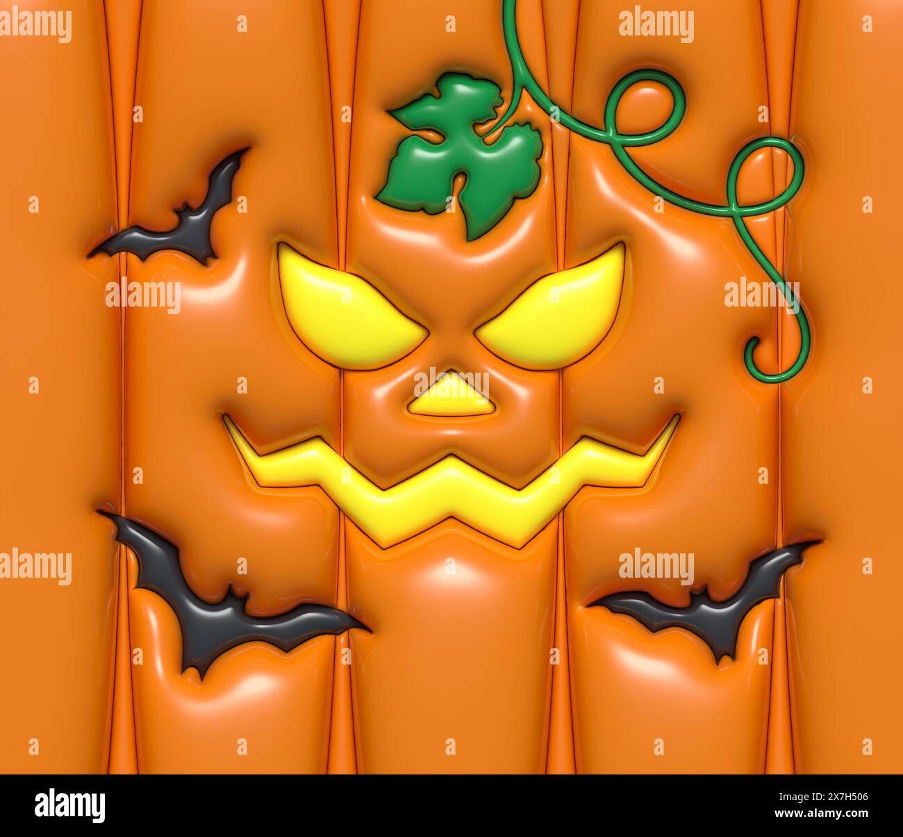 Lustiger Halloween Kürbis mit Fledermäusen. Aufgeblähte 3D-Illustration. Stockfoto