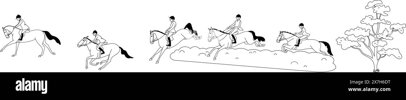 Gruppe von Reitern während einer Pferdejagd, einfach, schwarz-weiß, Vektorillustration Stock Vektor