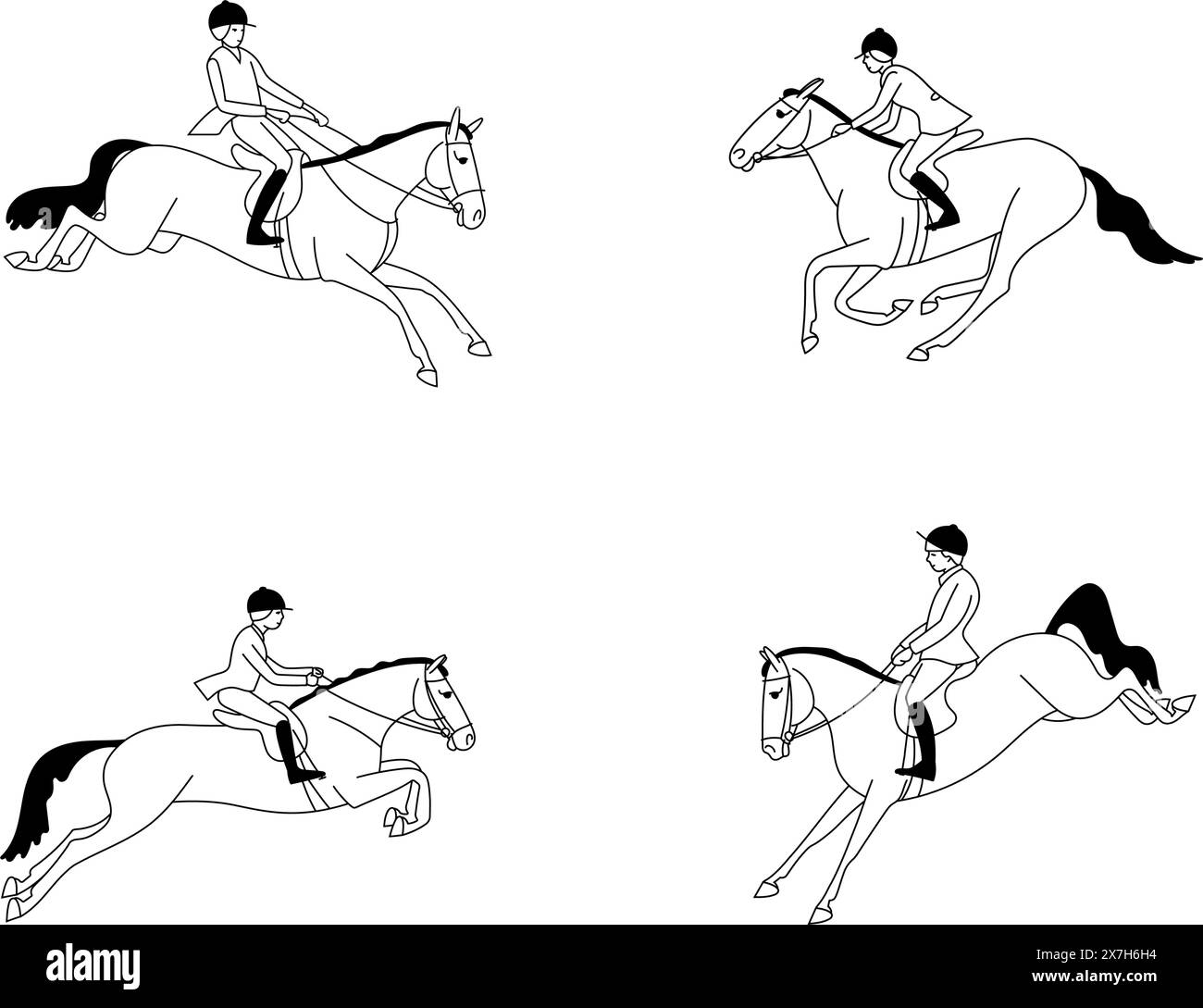 Schwarz-weiße Gruppe von Reitern und Pferden zum Thema Pferdejagd Stock Vektor