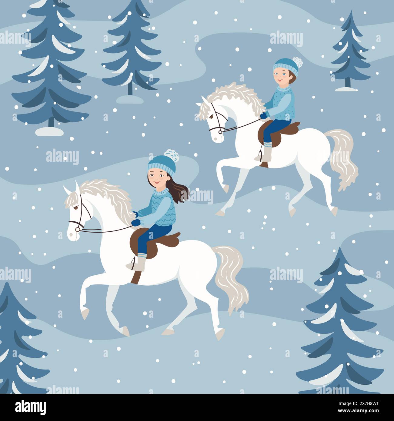 Mädchen, das auf einem Pony in einem Winterwald reitet Stock Vektor