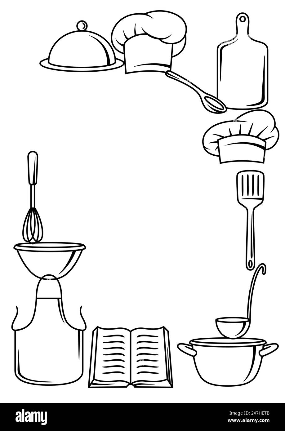 Hintergrund mit Küchenutensilien. Kochgeräte für Haus und Restaurant. Stock Vektor