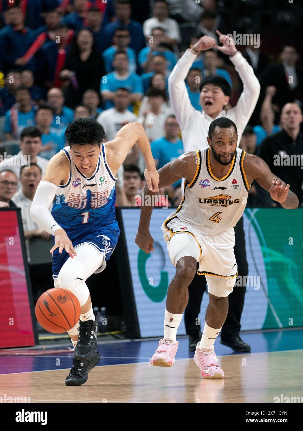 Urumqi, Chinas Autonome Region Xinjiang Uygur. Mai 2024. Kyle Fogg (Front R) von Liaoning Flying Leopards tritt während des Play-off-Spiels im dritten Legs zwischen Xinjiang Flying Tigers und Liaoning Flying Leopards in der Saison 2023-2024 der chinesischen Basketball Association (CBA) Liga in Urumqi, nordwestchinesische Autonome Region Xinjiang Uygur, am 20. Mai 2024 an. Quelle: Luo Yuan/Xinhua/Alamy Live News Stockfoto