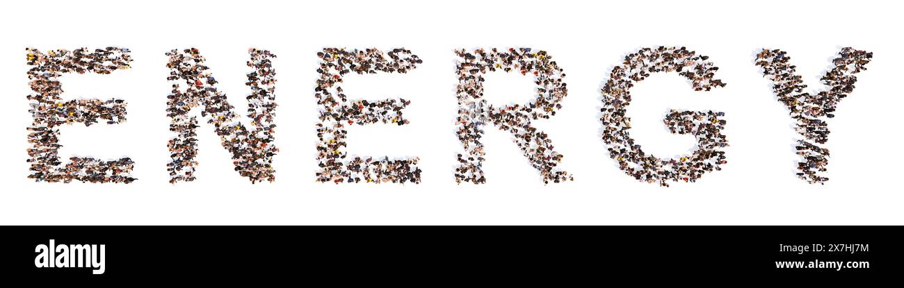 Konzept oder konzeptionelle große Gemeinschaft von Menschen bilden ENERGIE Wort. 3D Illustration Metapher für fossile Brennstoffe, Technologie, Alternative, erneuerbare Energien Stockfoto