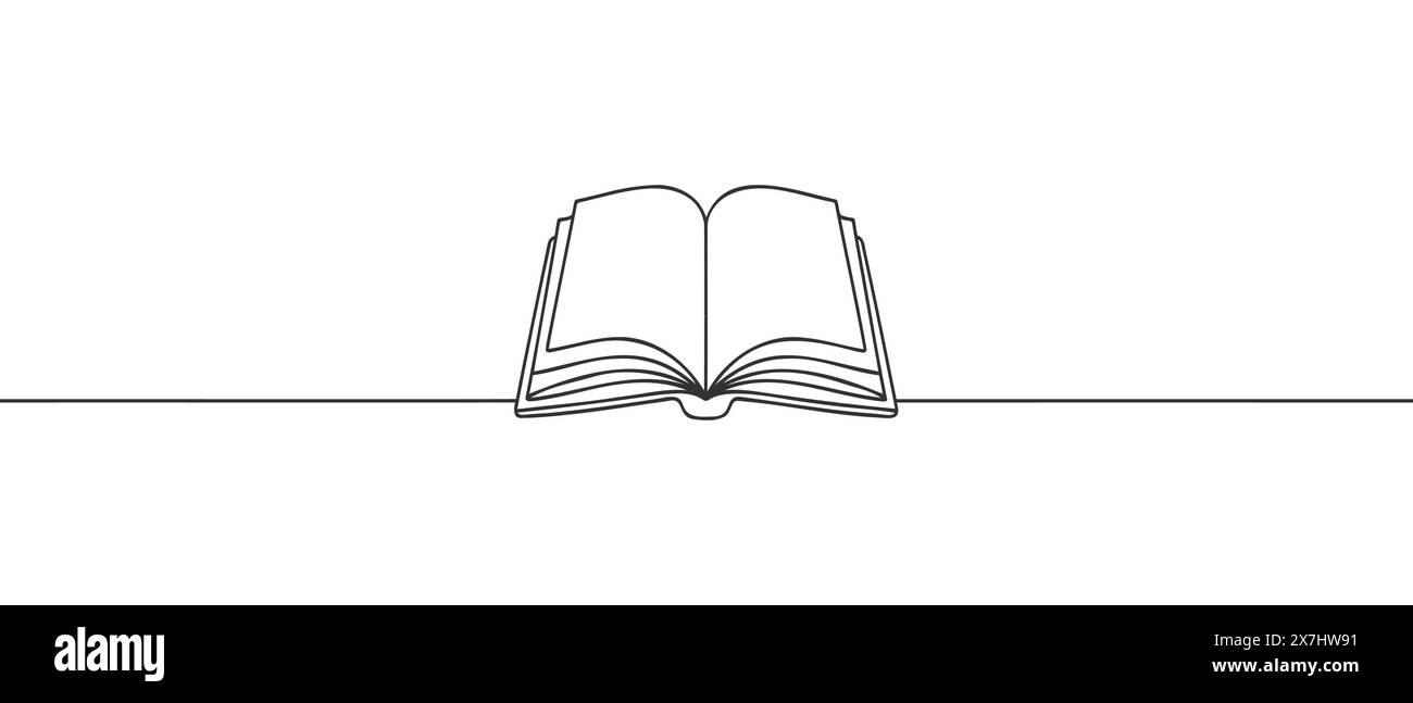 Eine durchgehende Linienzeichnung des offenen Buchs. Schülerkonzept. Das Konzept des Space Desk studieren Stock Vektor
