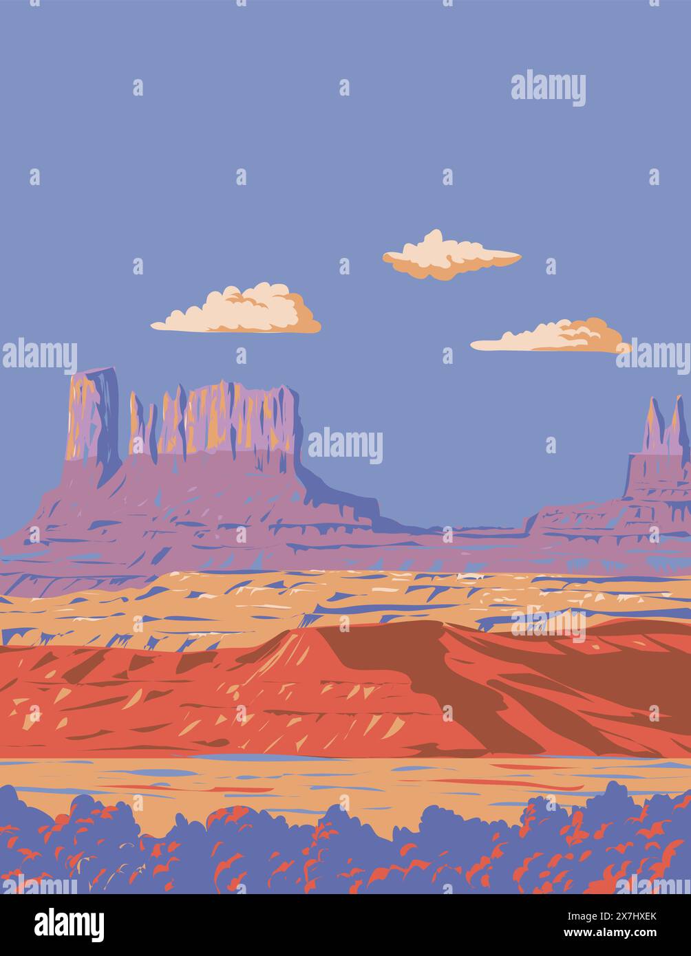 WPA-Posterkunst des Monument Valley Navajo Tribal Park in der Colorado Plateau Region in Utah und Arizona State Line in den USA in wo Stock Vektor
