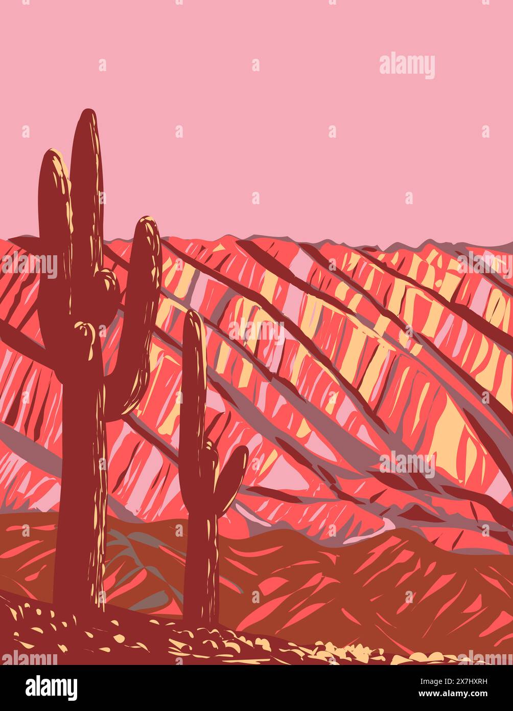 WPA-Posterkunst des Serrania de Hornocal-Teils von Quebrada de Humahuaca in der Stadt Humahuaca in Argentinien in der Verwaltung von Bauprojekten oder Stock Vektor