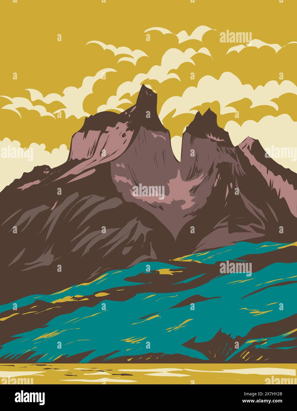 WPA-Posterkunst des Nationalparks Torres del Paine vom Pehoe-See im chilenischen Patagonien innerhalb der Magallanen und der chilenischen Antarktis Chile hergestellt in Stock Vektor