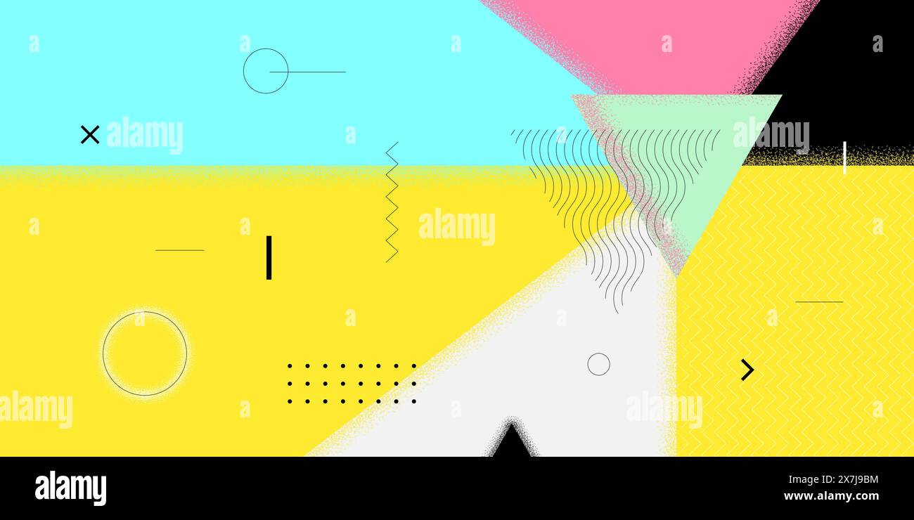 Abstraktes Banner im minimalistischen Stil im Retro-Stil. Schweizer naive brutale zeitgenössische Figuren geometrische Sonne. Sommer-Vibe bauhaus-Grafik. Trendiges minimalistisches, asymmetrisches horizontales Kunstwerk der Saison Stock Vektor