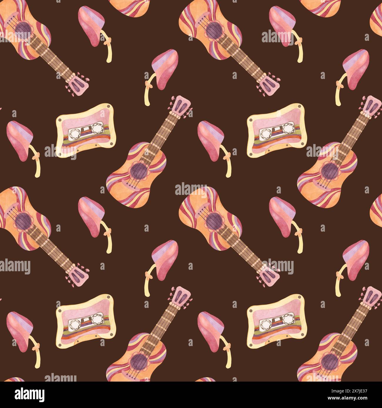 Nahtloses Muster mit Retro-Gitarre, Klebeband und Pilzen in Aquarellfarben. Vintage Hippie-Musik Textil-Clipart. Handgezeichneter nostalgischer Druck für Kleidung, Tapeten, Verpackung, Scrapbooking Stockfoto