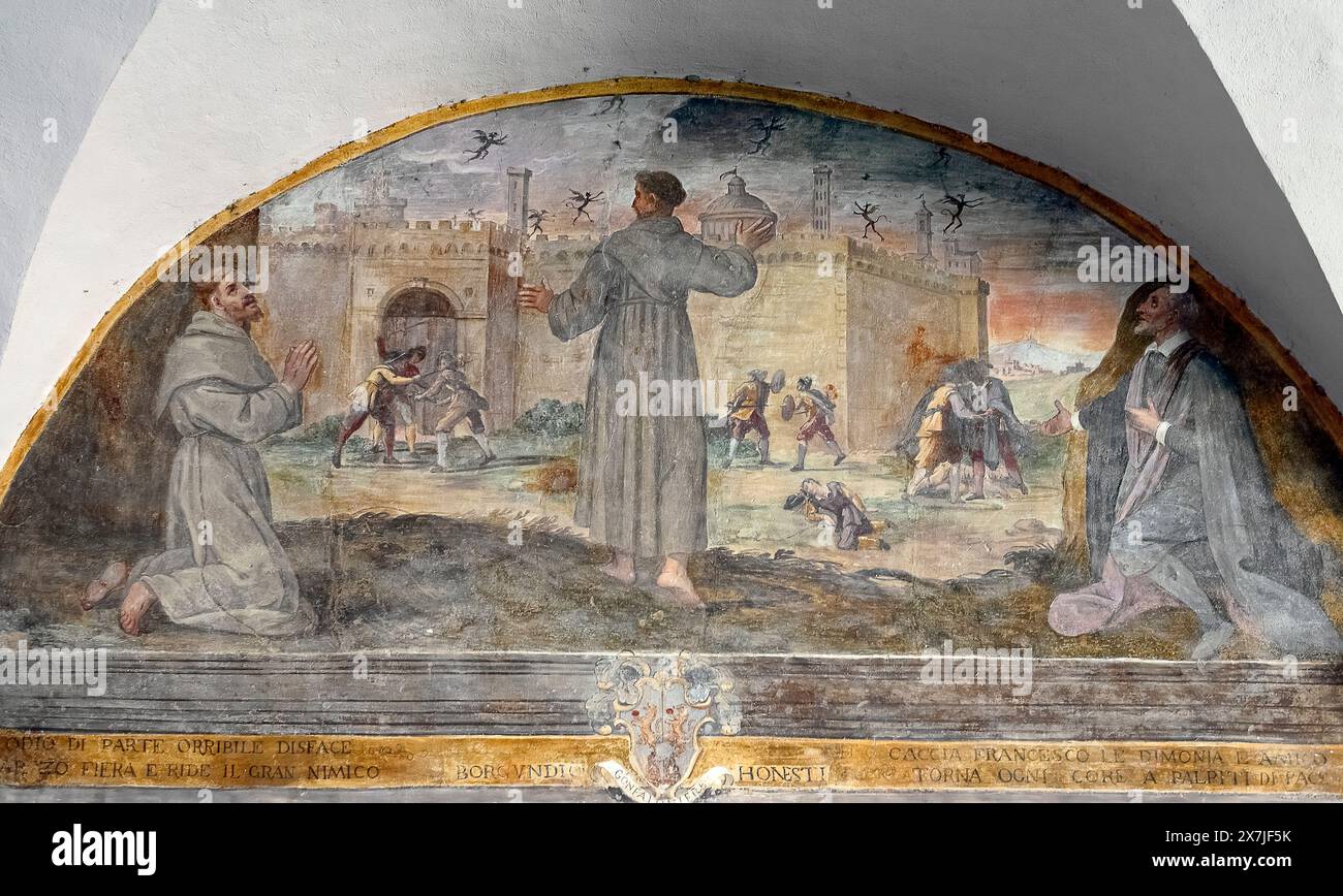 Italien Toskana Provinz Arezzo Castiglion Fiorentino - Lunettes des Kreuzgangs der Kirche San Francesco Episoden aus dem Leben des Heiligen Franziskus, geschaffen zwischen 1629 und 1636 von Giovanni Pelliccione da Colle Stockfoto