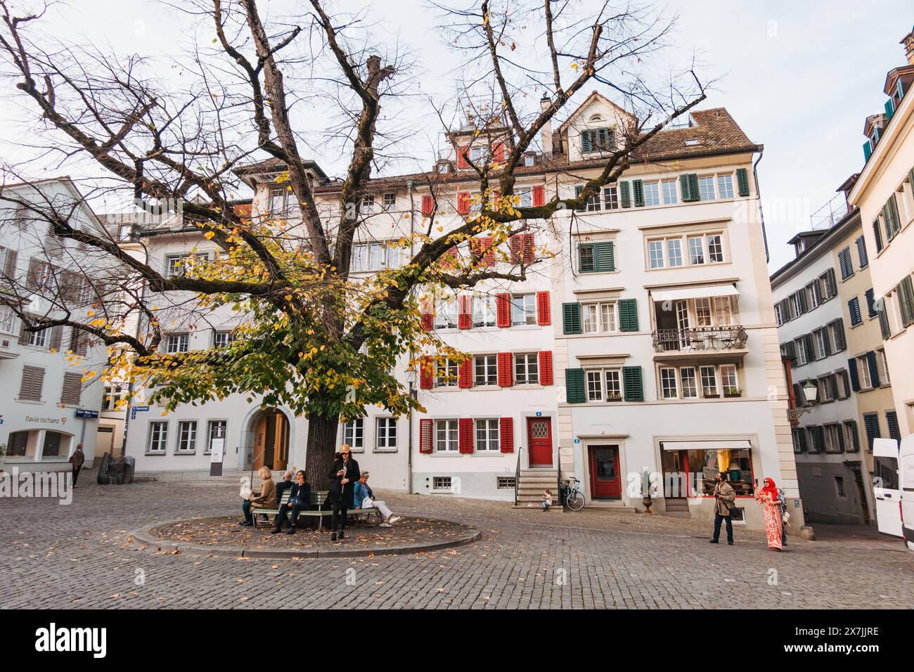 Die Menschen sitzen im Herbst unter einem großen Laubbaum auf einem Zürcher Stadtplatz, umgeben von historischen Wohnhäusern mit bunten Fensterläden Stockfoto