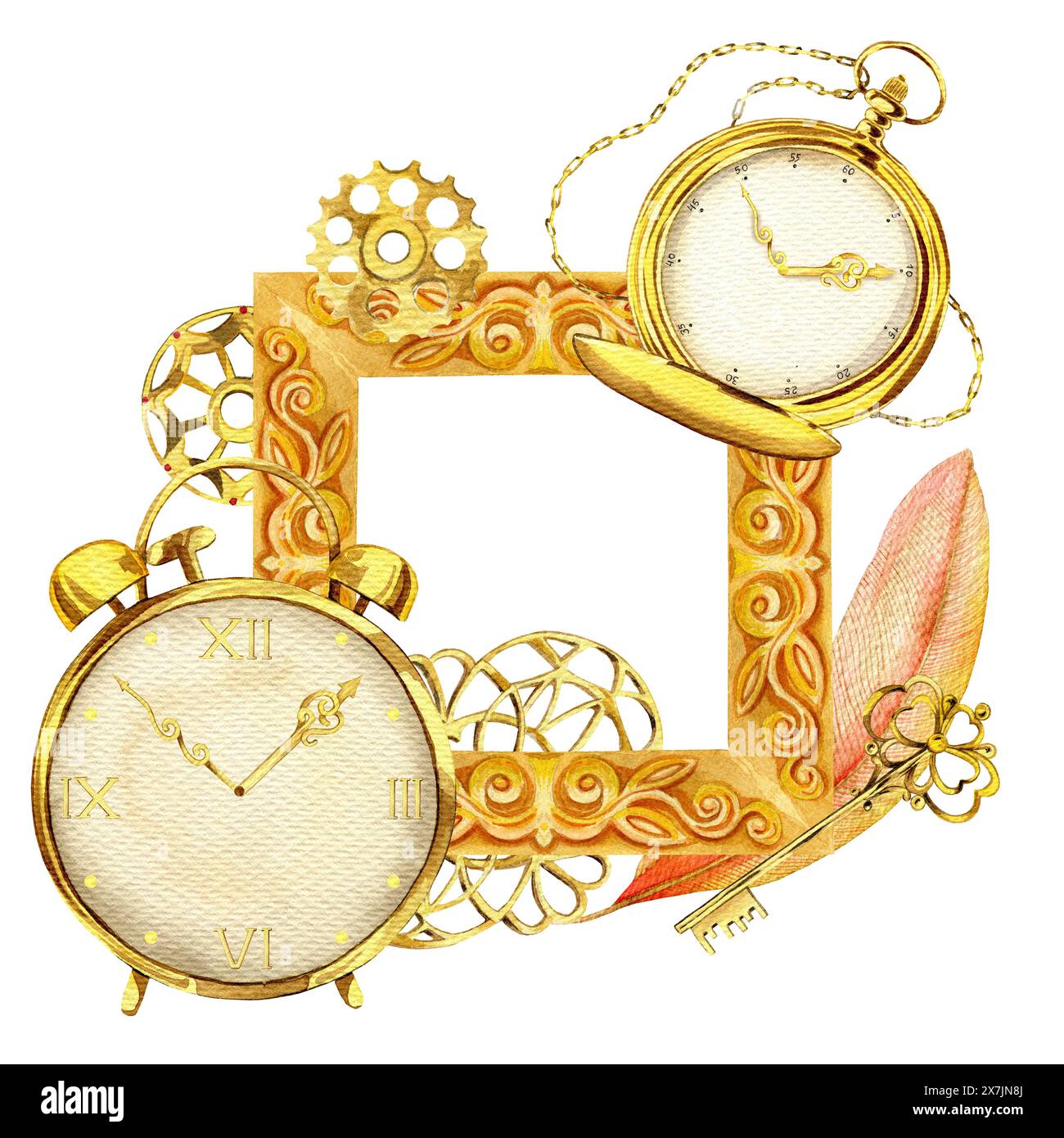 Eine Vintage-Steampunk-Komposition mit dekorativem goldenen Rahmen und antiken Uhren mit römischen Ziffern Stockfoto