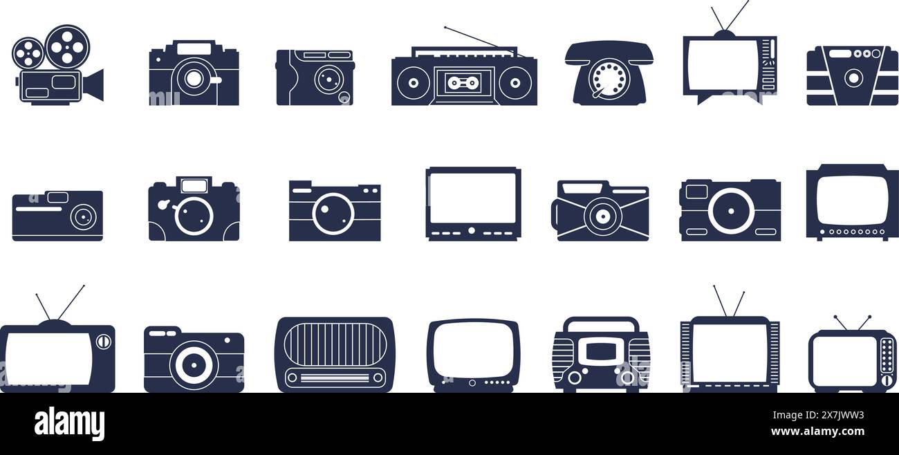 Schwarze Symbole für Retro-Medien. Multimedia-Elemente im alten Stil, verschiedene Fotokameras, tv-Bildschirme und Radio. Digitale Heimtechnologie, anständiges Vektorset Stock Vektor
