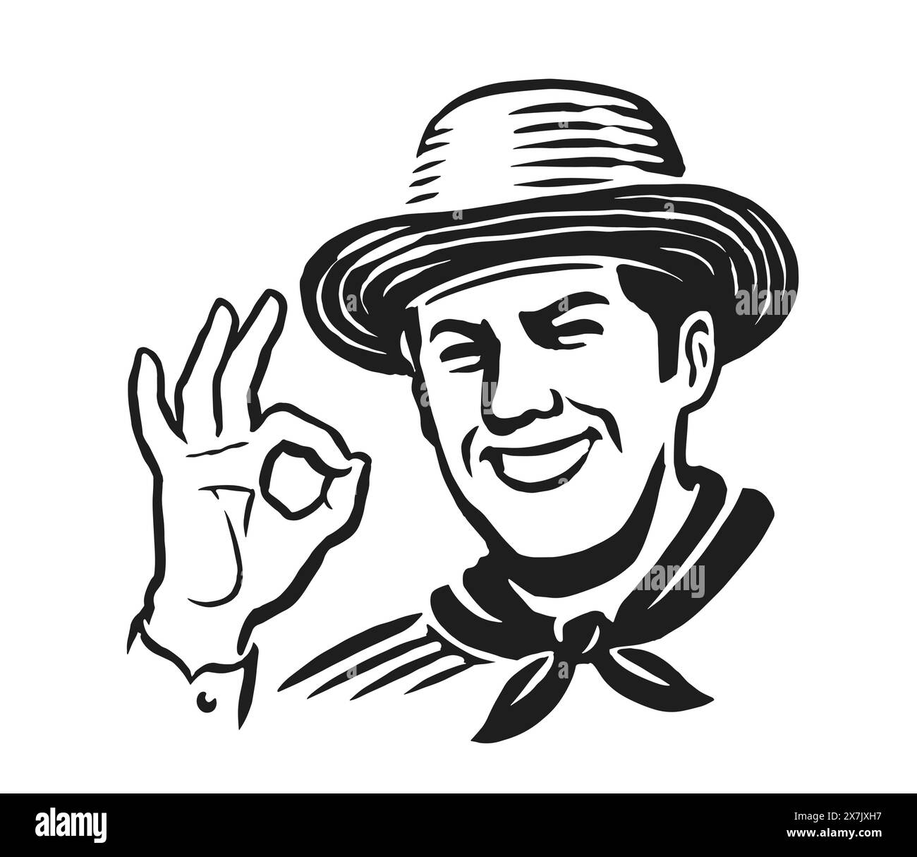 Glücklicher Mann mit Bauernhut lächelt und zeigt OK. Emblem für Bio-Lebensmittel auf dem Bauernhof. Clipart Skizzenzeichnung schwarz-weiß Stock Vektor
