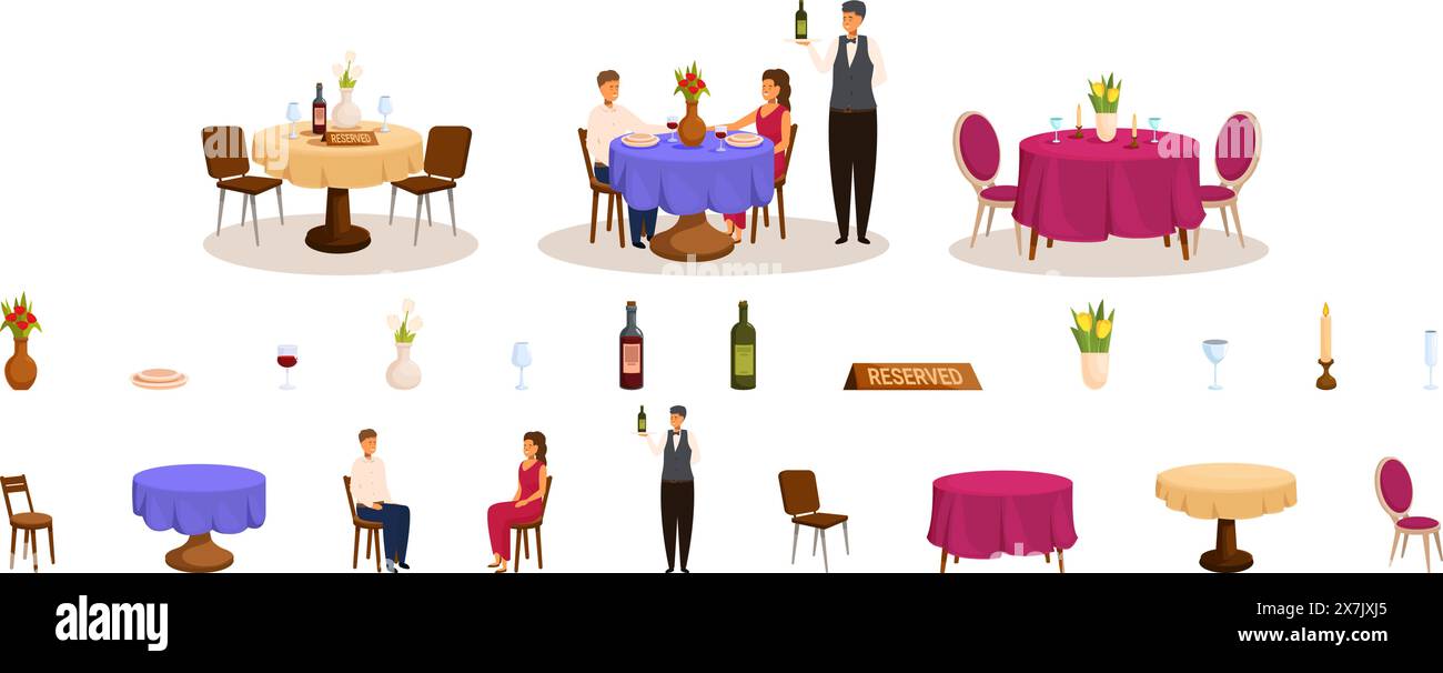 Restauranttisch serviert romantische Dating Vektor. Eine Serie von Bildern eines Restaurants mit einem Mann in einer Weste, der Essen serviert. Der Mann trägt eine Krawatte und steht hinter einem Tisch. Auf dem Tisch ist eine Vase und eine Weinflasche drauf Stock Vektor