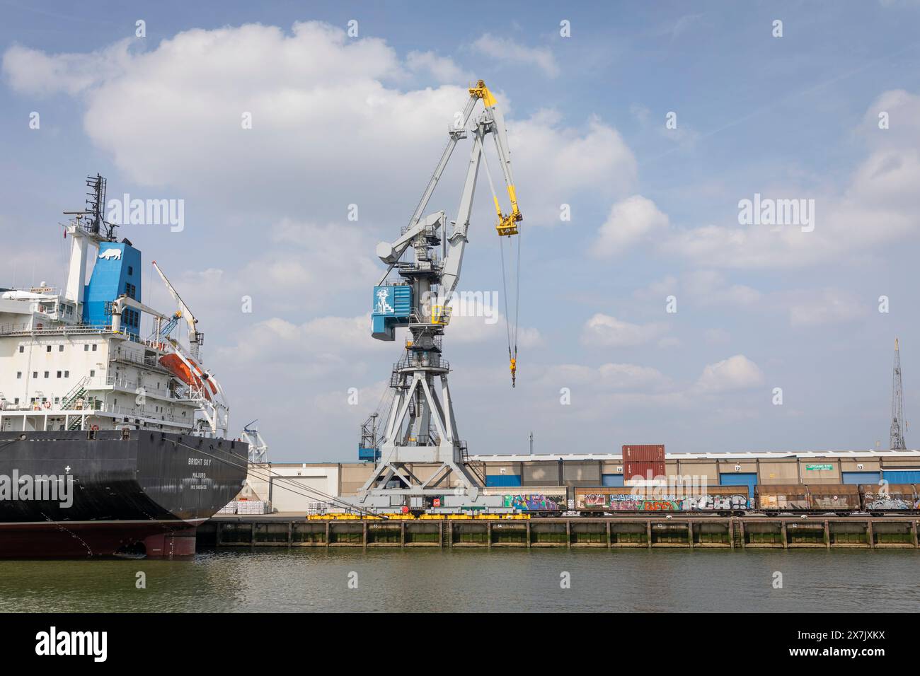 Seehafen Rotterdam mit Schiff, Kran und Eisenbahnwaggons Stockfoto