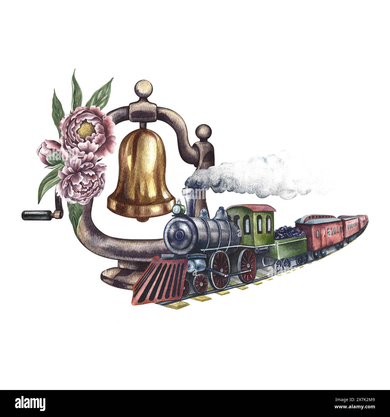 Alte Dampflokomotive und Lokomotivglocke mit Blumen dekoriert. Handgemachte Aquarellillustration im Vintage-Stil. Für Postkarten, Abzeichen und embl Stockfoto