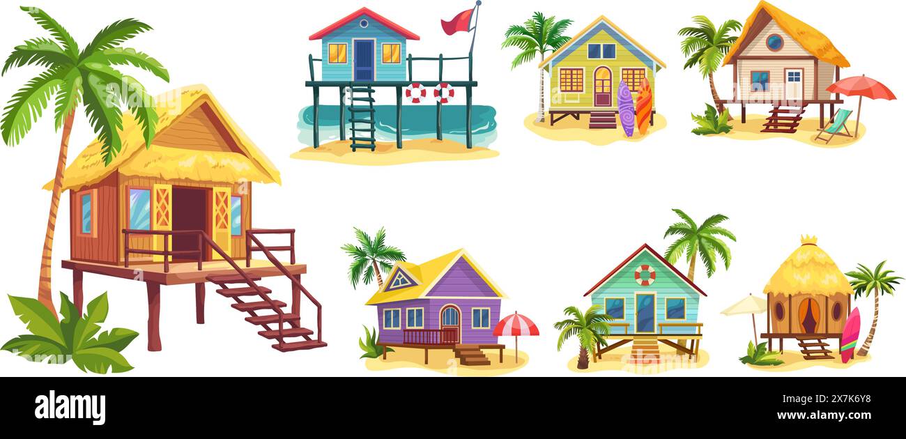 Cartoon Strandhäuser. Shack House am Strand, Tiki Bar Hütte Bungalow Country Building Cottage in der karibik oder australien Insel tropische Reise geniale Vektor Illustration Stock Vektor