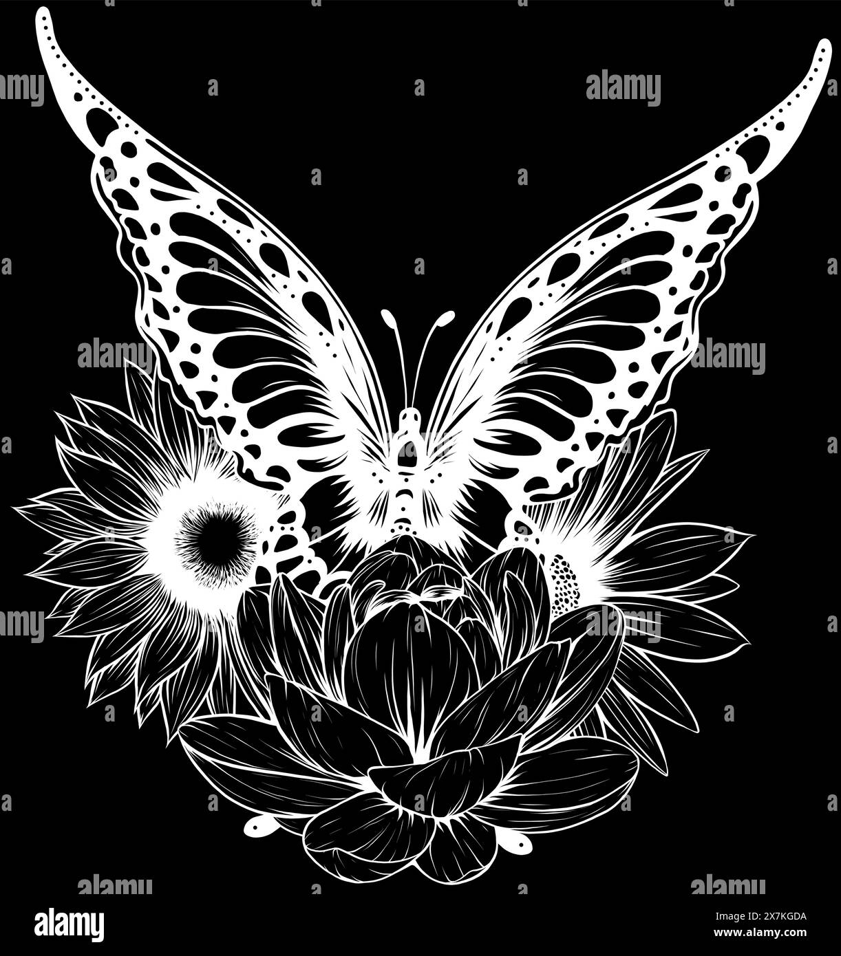 Schmetterling in weißer Linie auf schwarzem Hintergrund Stock Vektor