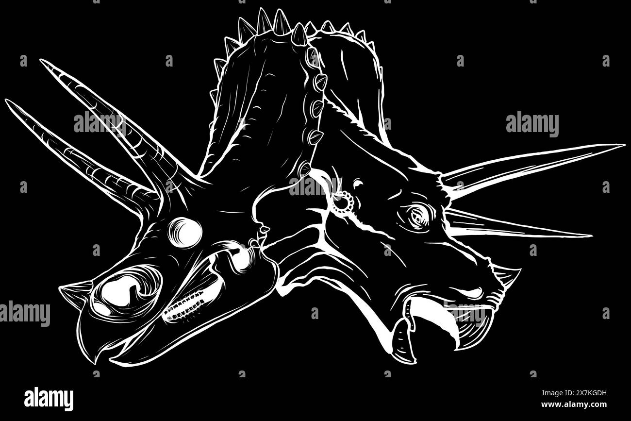 Triceratops Schädel in weißer Linie auf schwarzem Hintergrund Stock Vektor