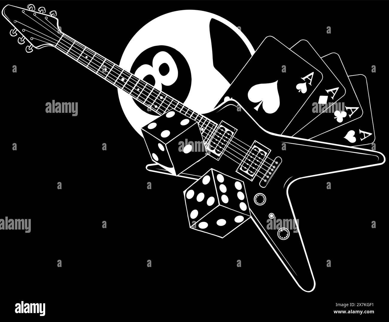 Elektrische Gitarre in weißer Linie auf schwarzem Hintergrund Stock Vektor