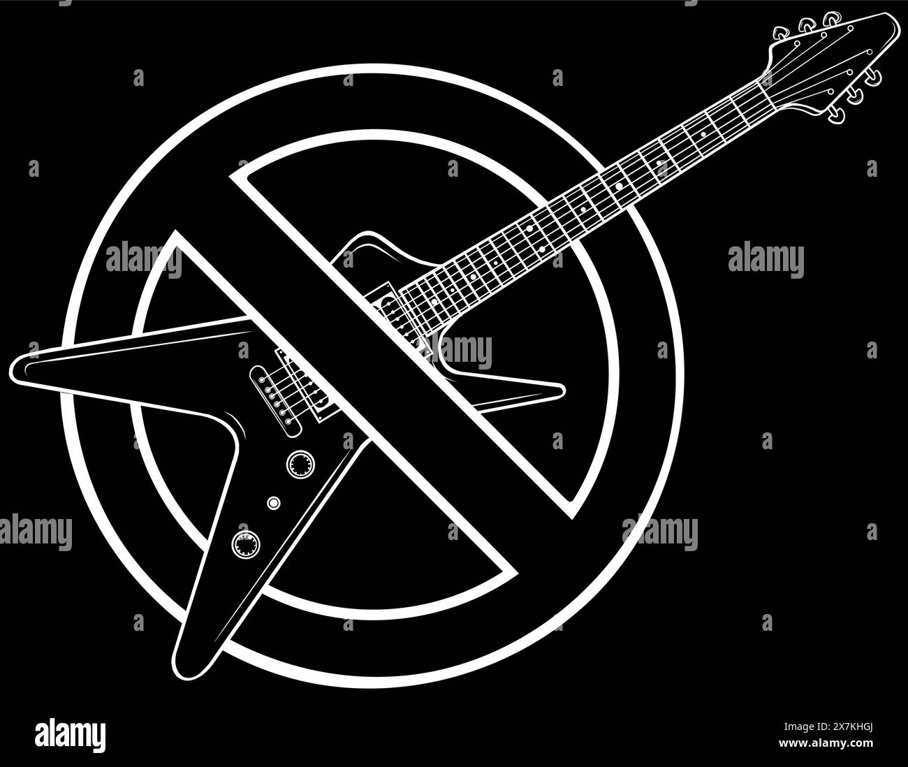 Elektrische Gitarre in weißer Linie auf schwarzem Hintergrund Stock Vektor