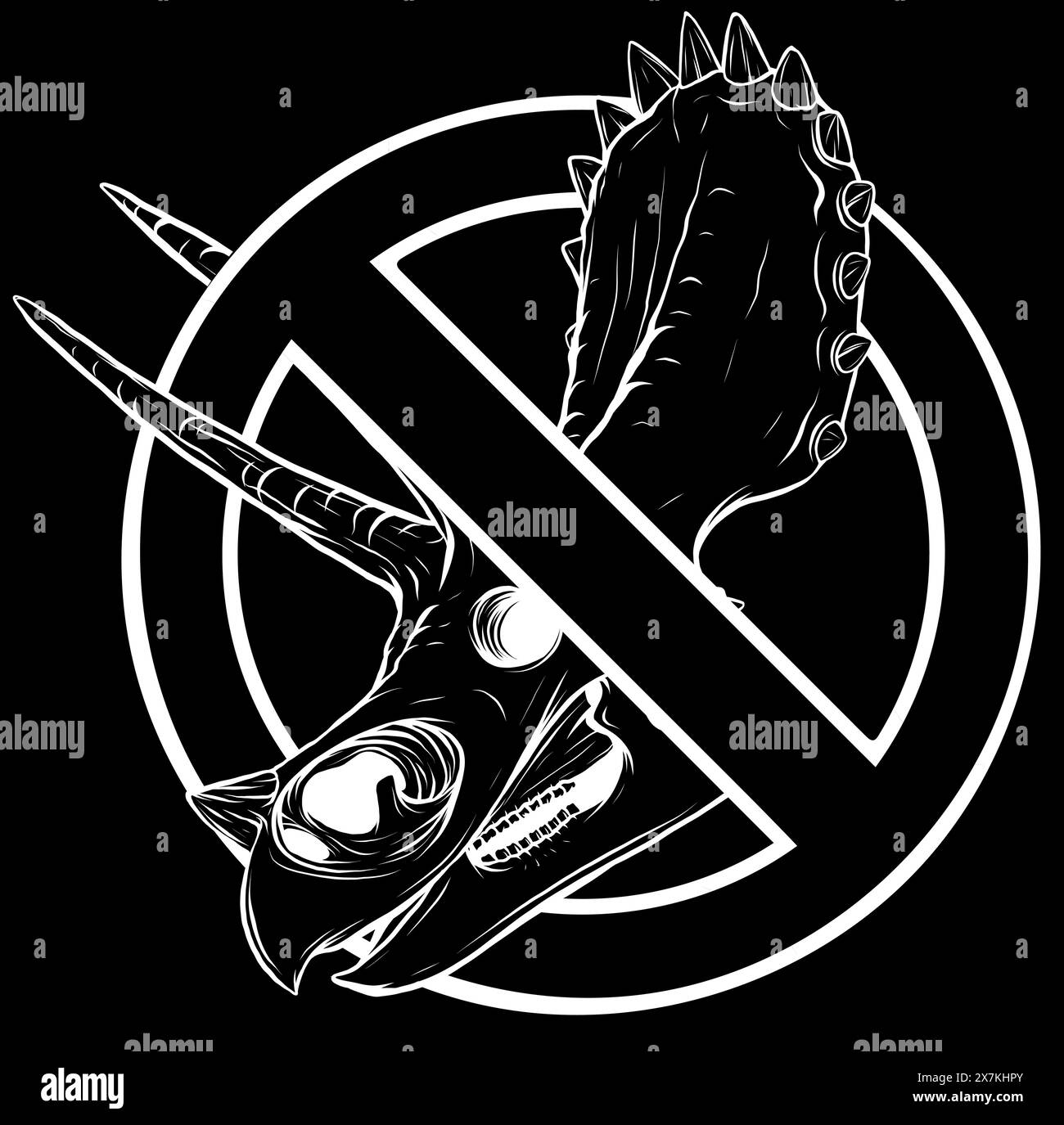 Triceratops Skull Outline in weißer Linie auf schwarzem Hintergrund Stock Vektor