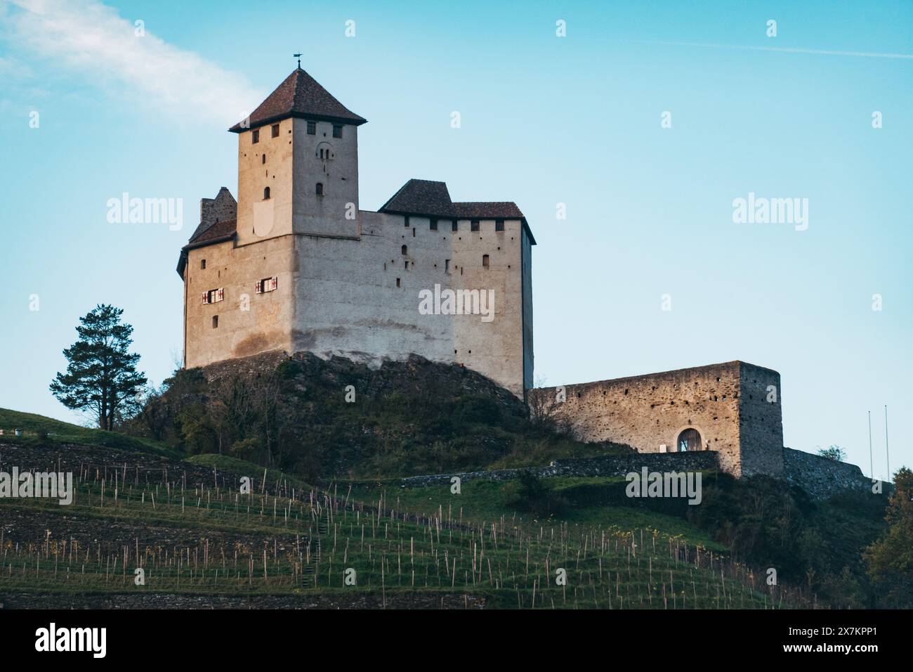 Das historische Schloss Gutenburg befindet sich auf einem Hügel in Liechtenstein Stockfoto