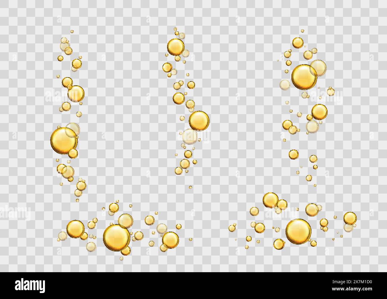 Ölblasen, gelbes flüssiges Kollagen oder Serum. Isolierte 3D-Vektor realistische glänzende Tropfen, goldene kosmetische Pillen oder Kapseln. Fettige Vitaminessenz sprüht Tropfen, Kugeln fliegen oder schwimmen in der Luft Stock Vektor