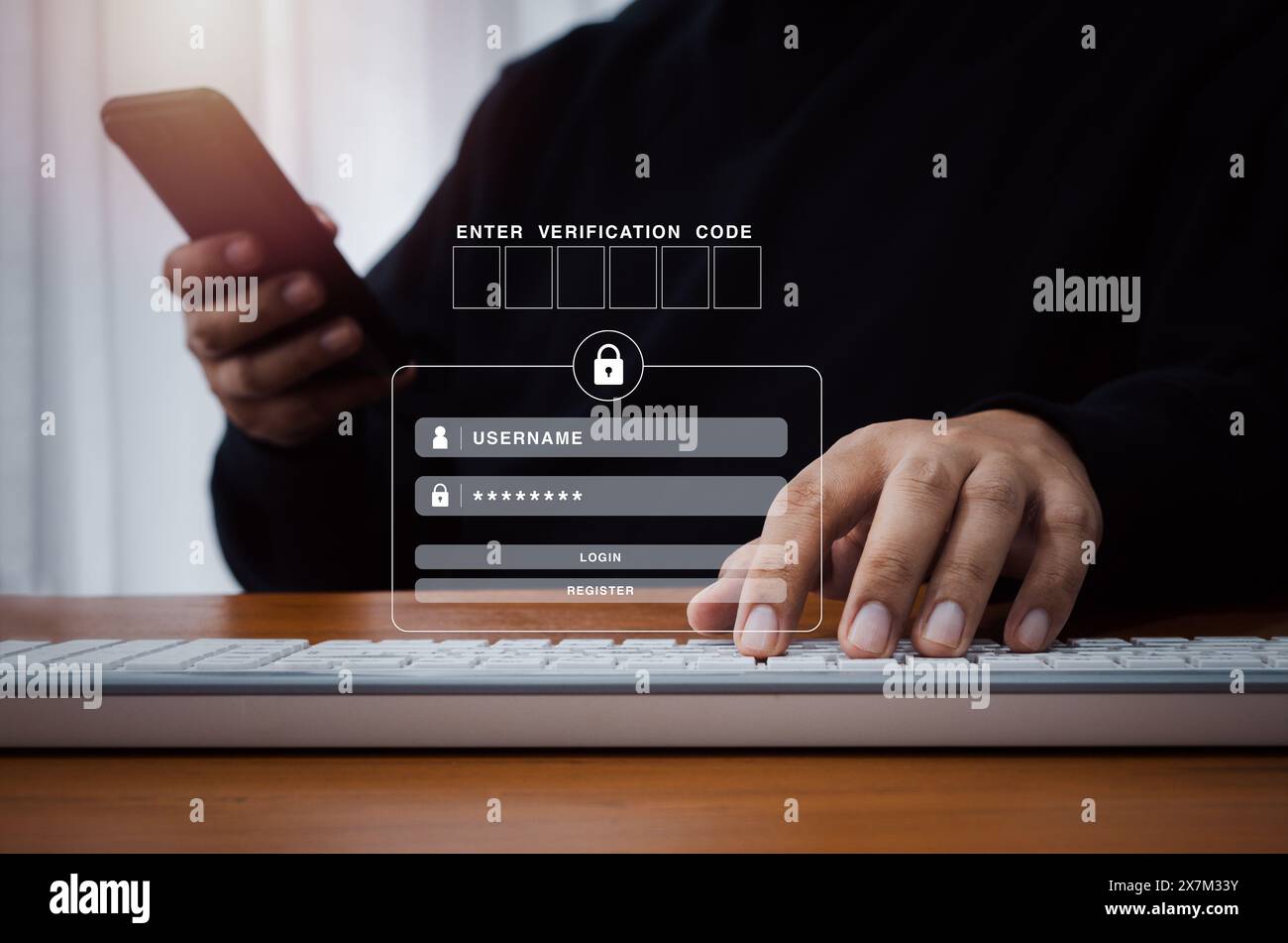 Zwei-Schritte-Authentifizierung oder 2FA-Konzept. Ein leeres Eingabefeld für den Verifizierungscode mit Anmeldeseite wird angezeigt, wenn ein Mann das Mobiltelefon zur Validierung des Kennworts verwendet, i Stockfoto