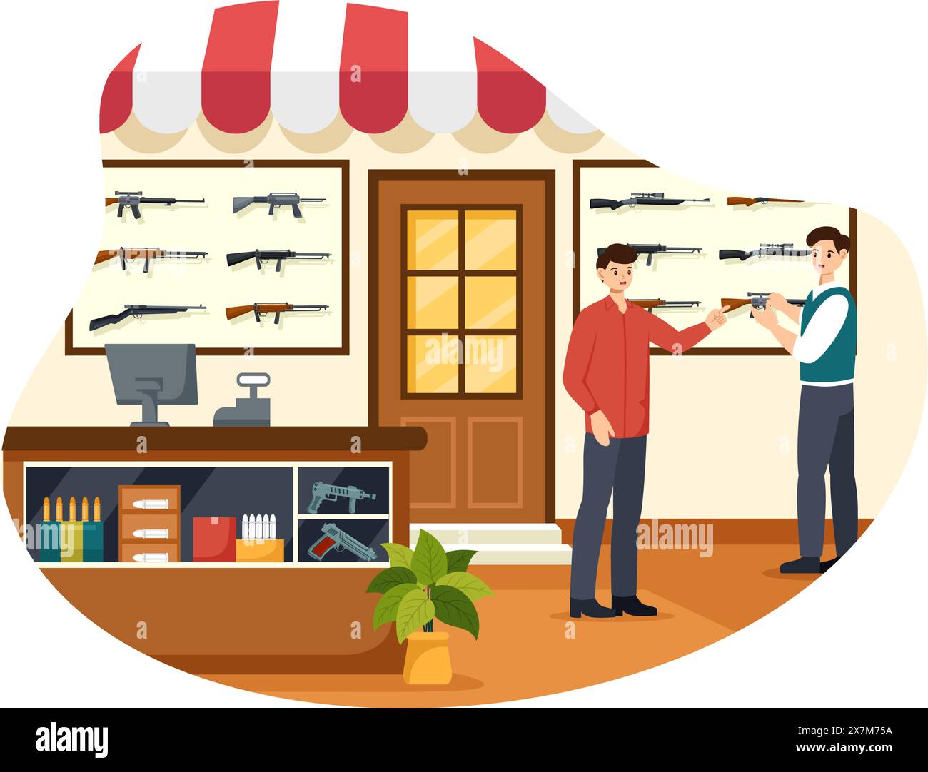 Gun Shop oder Jagd Vektor Illustration mit Gewehr, Kugel, Waffe und Jagdausrüstung in einem flachen Stil Cartoon Hintergrund Design Stock Vektor