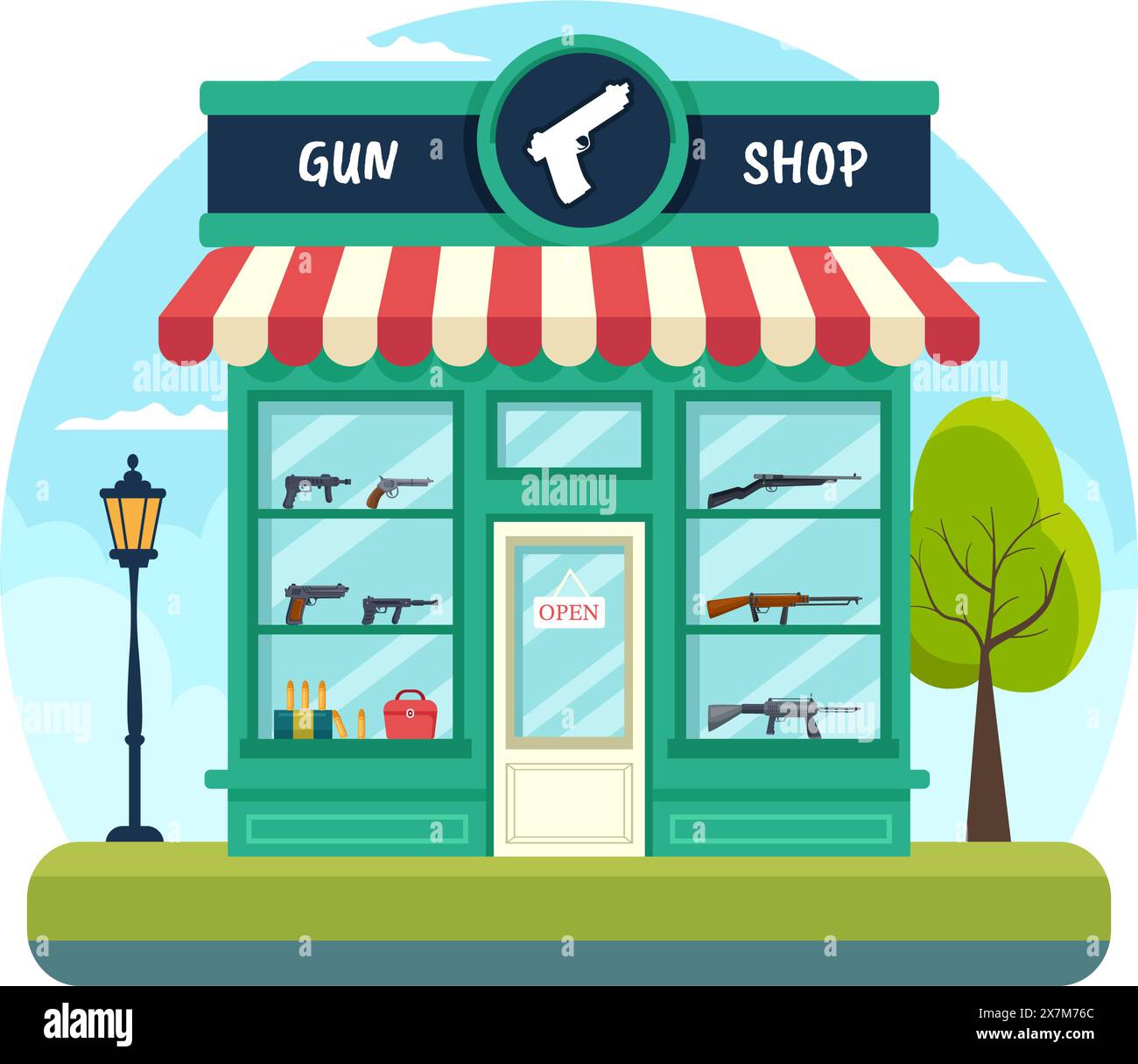 Gun Shop oder Jagd Vektor Illustration mit Gewehr, Kugel, Waffe und Jagdausrüstung in einem flachen Stil Cartoon Hintergrund Design Stock Vektor