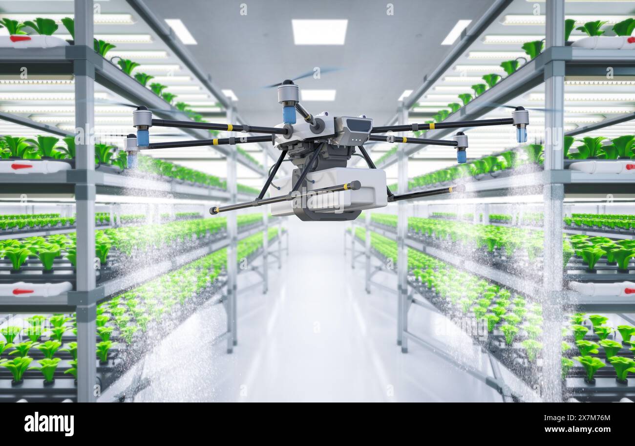Landwirtschaftstechnik mit 3D-Putzdrohnen-Sprühdünger im Gewächshaus Stockfoto