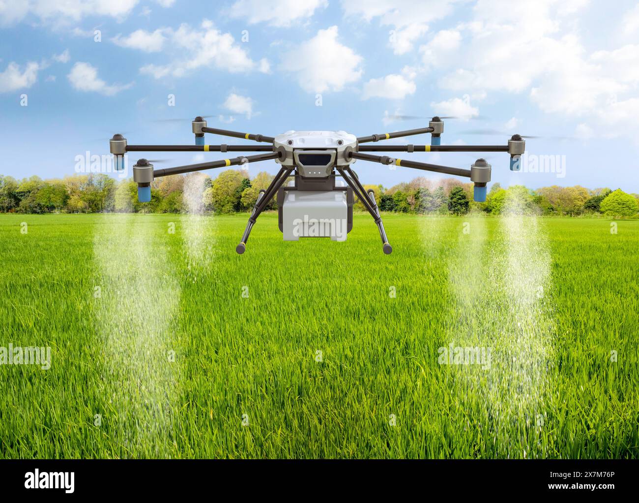 Landwirtschafts-Technologiekonzept mit 3D-Renderdrohne fliegen über und sprühen Dünger Stockfoto