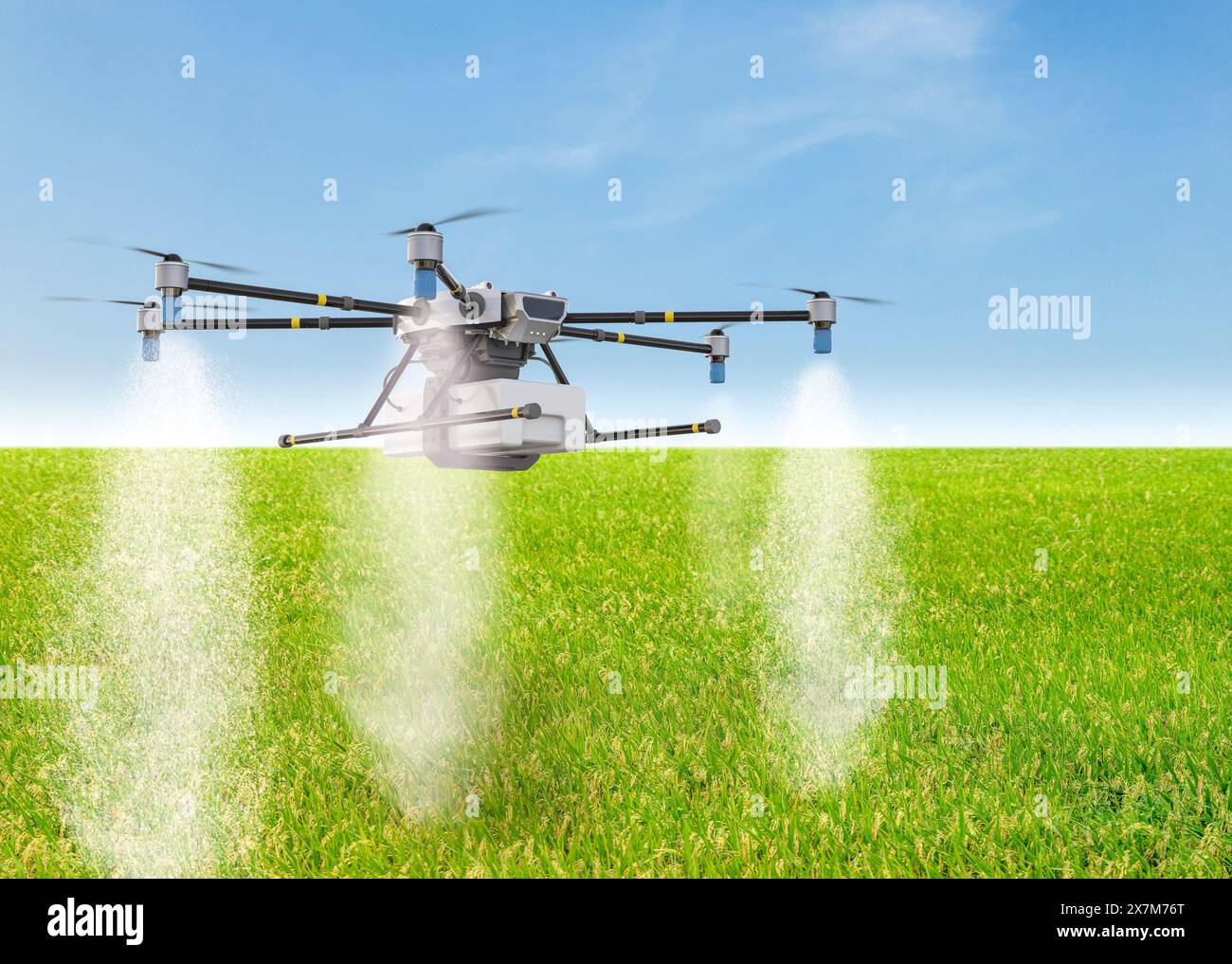 Landwirtschafts-Technologiekonzept mit 3D-Renderdrohne fliegen über und sprühen Dünger Stockfoto