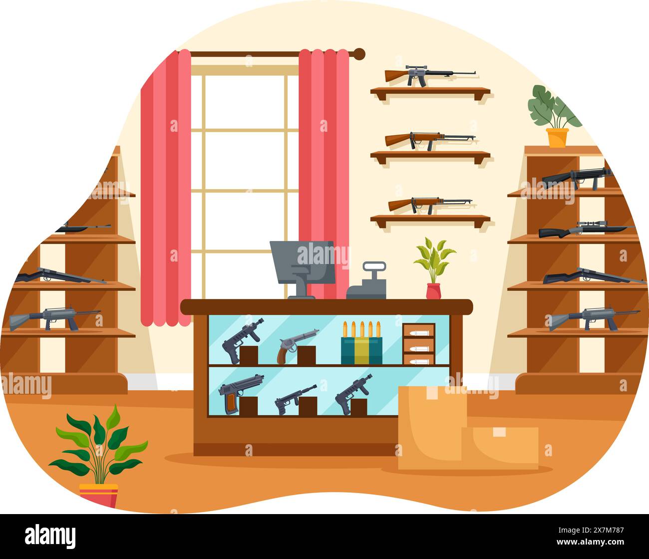 Gun Shop oder Jagd Vektor Illustration mit Gewehr, Kugel, Waffe und Jagdausrüstung in einem flachen Stil Cartoon Hintergrund Design Stock Vektor