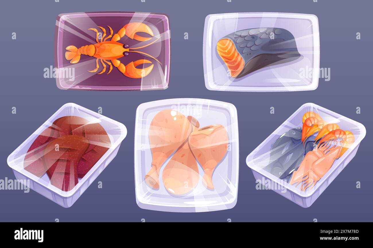 Gefrorene Meeresfrüchte und Fleisch in Kunststoffverpackung mit Polyethylenfolie. Zeichentrickvektorsatz kalter roher Lebensmittelprodukte im Tablettenbehälter mit transparentem Paket. Lebensmittelgeschäft, Supermarkt, Kühlschrankverpackung. Stock Vektor