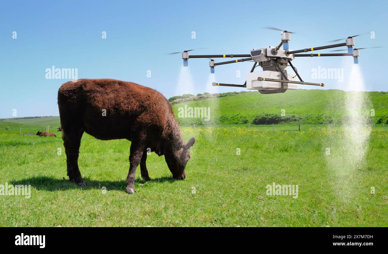 Landwirtschaftstechnologie mit 3D-Rendering-Drohne fliegen über und sprühen Wasser Stockfoto