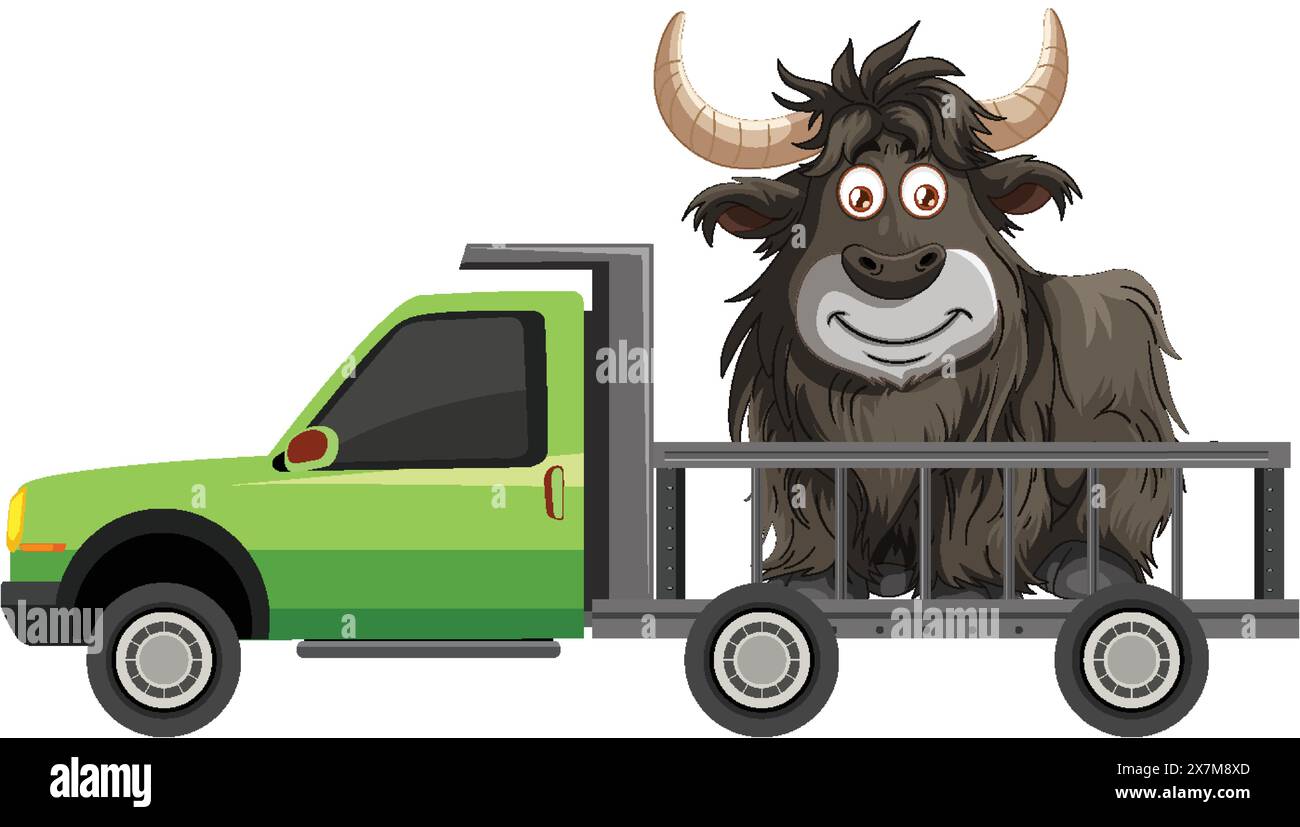 Cartoon Yak fährt in einem grünen Pritschenwagen Stock Vektor