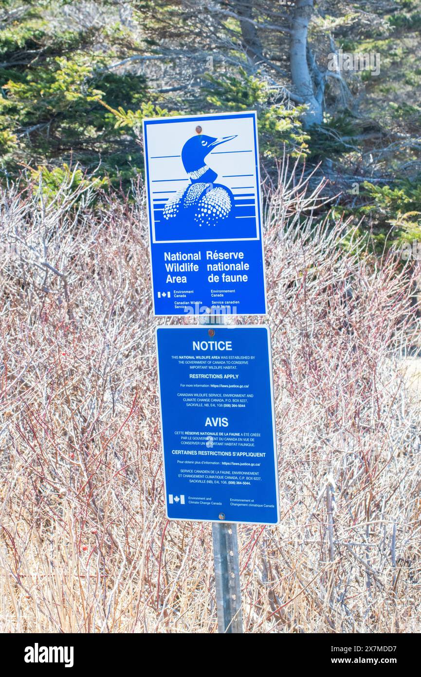 Hinweisschild für das National Wildlife Area in Cape Jourimain, New Brunswick, Kanada Stockfoto