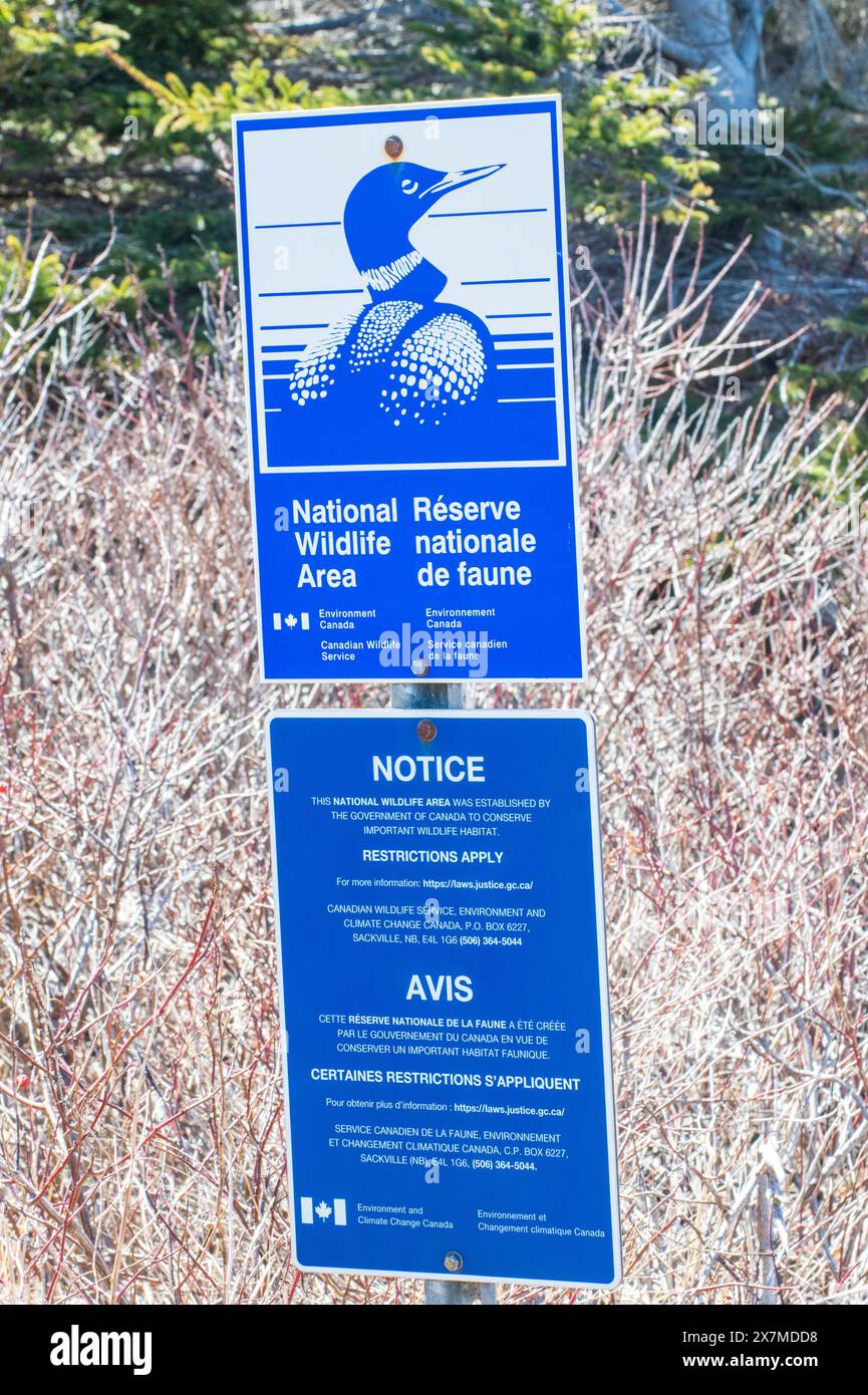 Hinweisschild für das National Wildlife Area in Cape Jourimain, New Brunswick, Kanada Stockfoto