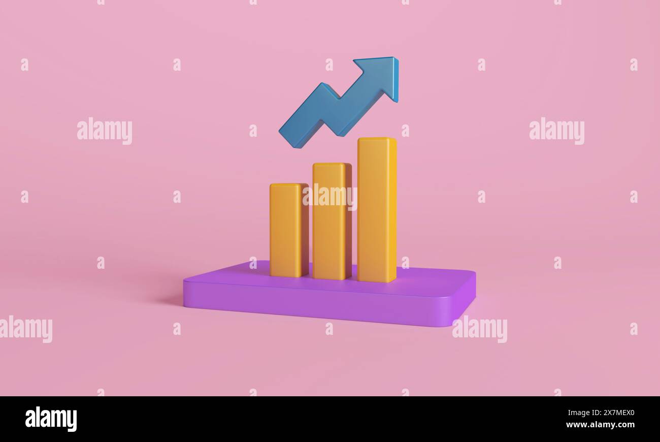 3D-Illustration: Diagramm für Wirtschaftswachstum mit Aufwärtspfeil auf rosa Hintergrund. Stockfoto
