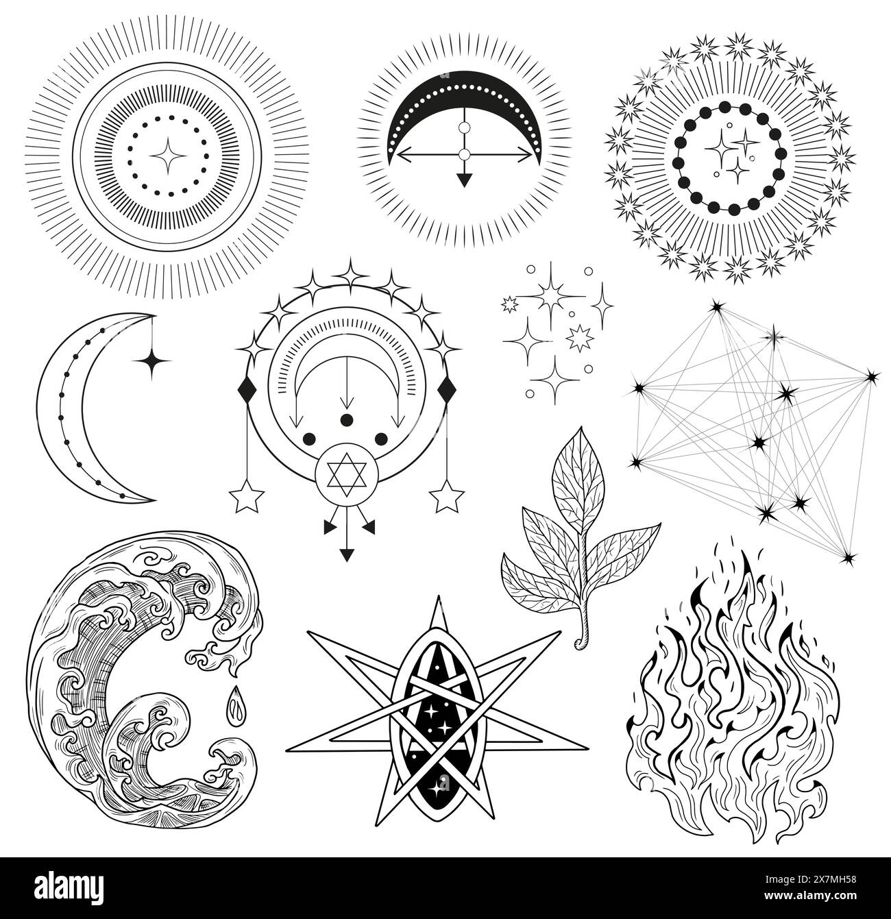 Handgezeichnetes Design-Set mit mystischen Symbolen und Naturelementen - Feuer, Wasser, Erde. Tattoo-, Poster- oder Altardruck; Esoterik, Wicca und gothi Stock Vektor