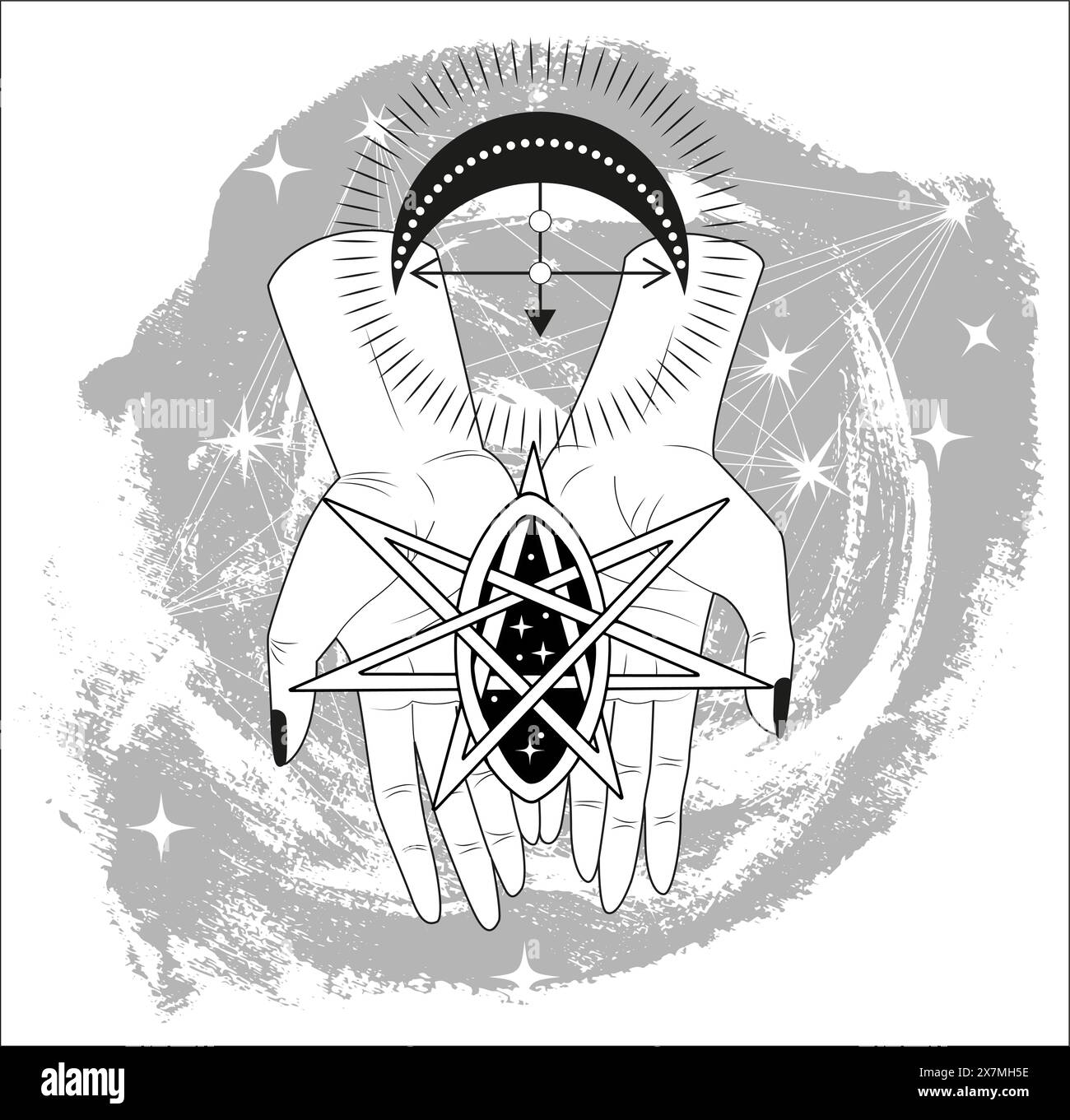 Handgezeichnete Illustration mit Pentagramm und mystischen Hexensymbolen in Händen von Wahrsagern oder Hexen. Design-Konzept für Tattoo-, Poster- oder Altarbilder, Stock Vektor