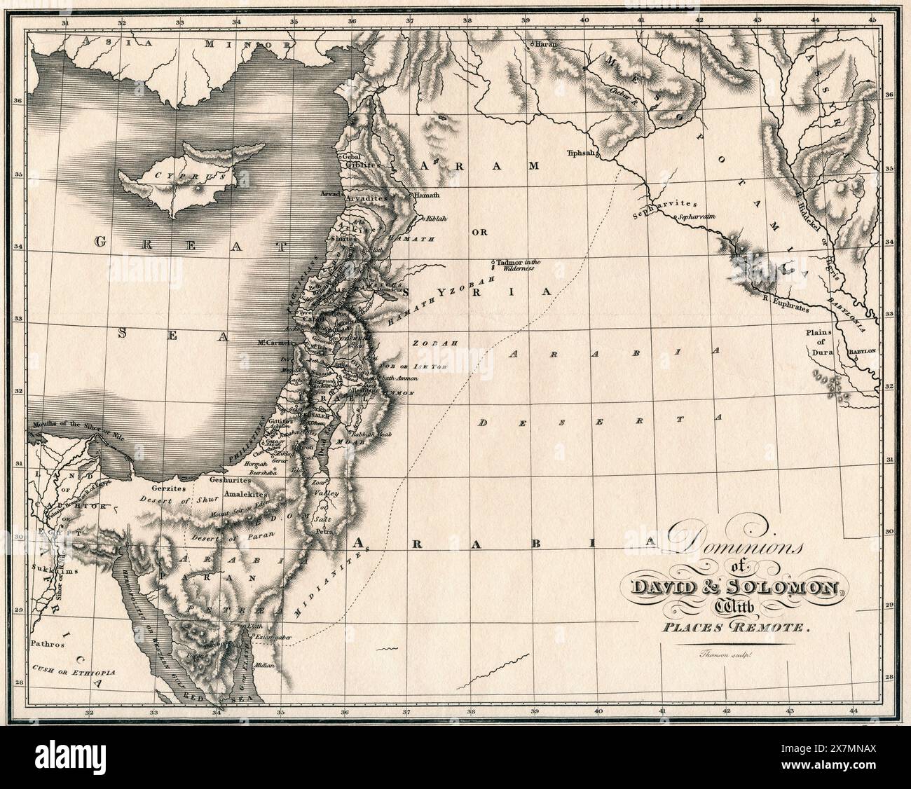 Karte aus dem 19. Jahrhundert mit den Dominionen von David und Salomon und abgelegenen Orten. Veröffentlicht für die Gesellschaft zur Förderung des christlichen Wissens von Rivington's, St. Paul's Church Yard, London, September 1814. Stockfoto