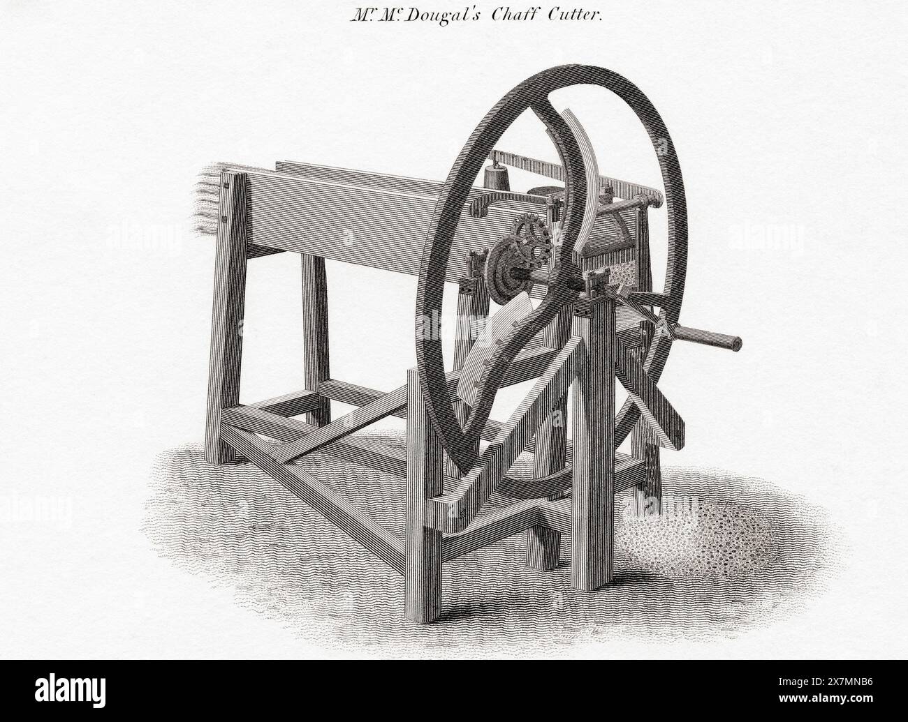 Druck von Mr. McDougal's Chaff Cutter aus dem 19. Jahrhundert. Ein Spreuschneider ist eine mechanische Vorrichtung, mit der Stroh und Heu in kleine Stücke geschnitten werden, bevor sie mit anderem Futter gemischt und an Pferde und Rinder verfüttert werden. Aus dem Cyclopædia: OR, Universelles Wörterbuch der Künste, Wissenschaften und Literatur, von Abraham Rees. Stockfoto