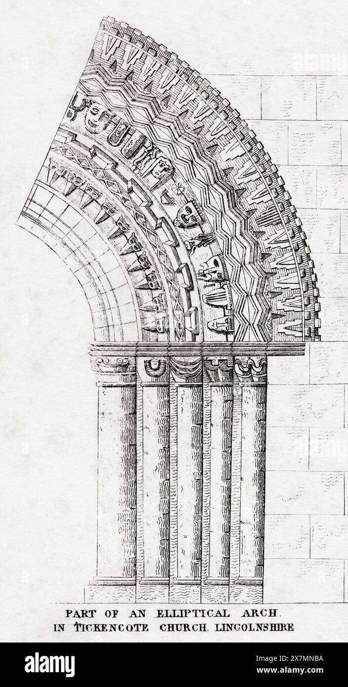 Detail eines Teils eines elliptischen Bogens in der St. Peter's Church, Tickencote, Lincolnshire, England. Nach einem Druck aus dem 19. Jahrhundert. Stockfoto