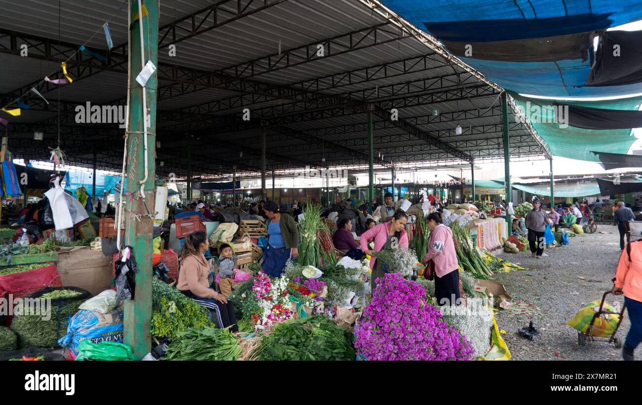 Chimbote, Peru - 18. April 2024: Verschiedene Blumen und Gemüse zum Verkauf auf dem öffentlichen Markt Mercado dos de Mayo (2. Mai Markt) mit zahlreichen Menschen Stockfoto